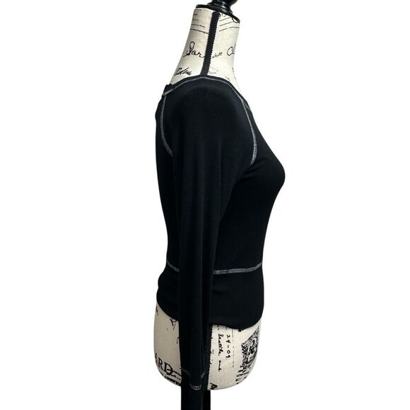 VTG Y2K Guess Jeans Black Ribbed Top with Contrast Stitching, M Grunge Edgy - Picture 3 of 8